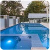 GCR205 Powder Blue Crystal Glass Mosaic pool tile with Travertine Linen Tumbled Unfilled