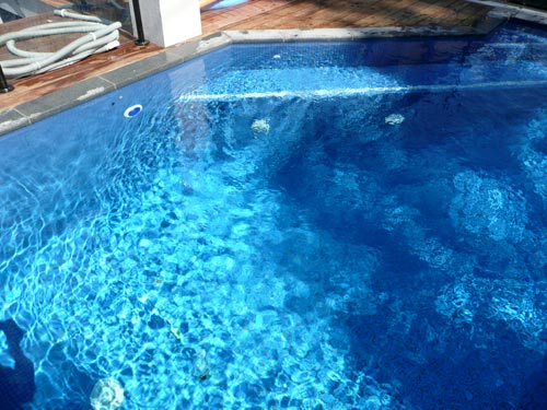 GCR050 Azure Blue glass mosaic pool tile shown in situ