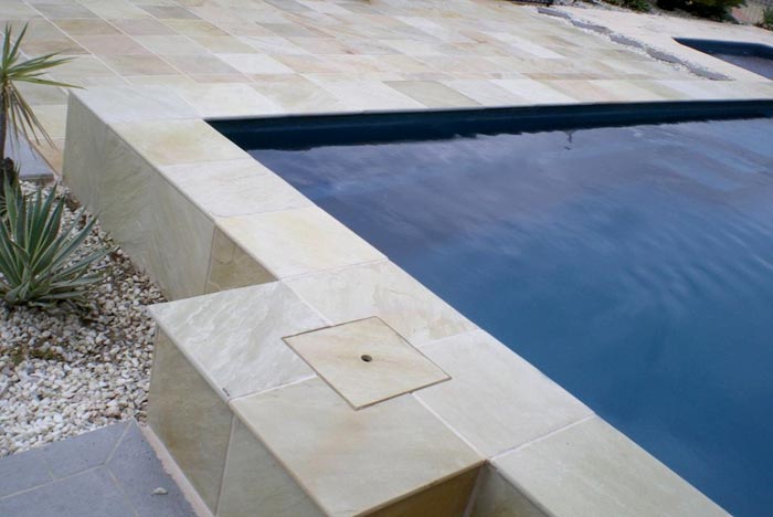 Natural Mint Himalayan Quartz stone tile or pool paver shown in situ with matching coping