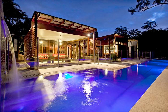 Mushroom Granite stone tile or pool paver shown in situ with matching coping