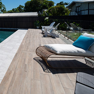 Oak TileDeck with Ash Marblano®® tiles used as pool coping and surrounds.