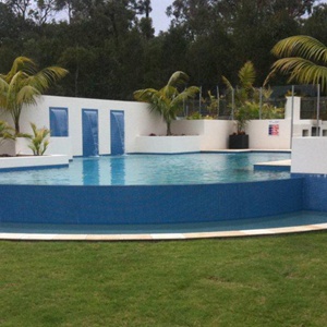 GC135 Dark Sky Blue glass mosaic pool tiles in place