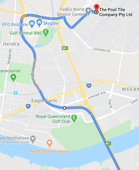 Map showing directions to The Pool Tile Company 7 Westringia Rd Brisbane Airport coming from the South over the Gateway Bridge