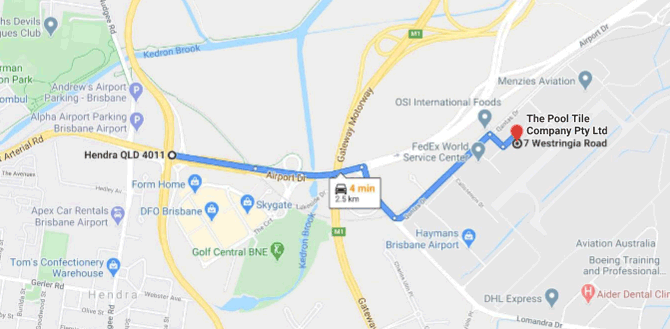 Map showing directions to The Pool Tile Company 7 Westringia Rd Brisbane Airport coming from the West