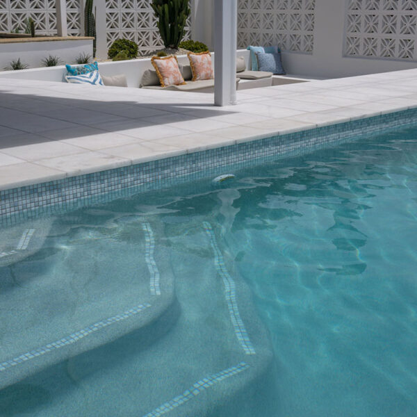 Havana White Marble square edge coping and surrounds & GC420 Alpine glass mosaic waterline and step marker