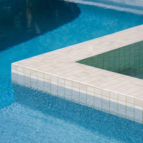 Macadamia Travertine coping and CMC401 Luna waterline and fully-tiled spa