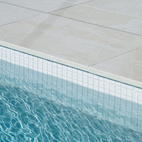 Bianco Marblano Square Edge Coping and Surrounds, with CMC555 White Wavy waterline mosaic