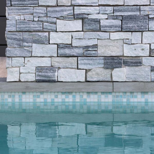 SS430 Natural Grey Walling with Silver Elm TileDeck and GC417 Aspen glass mosaic pool tiles